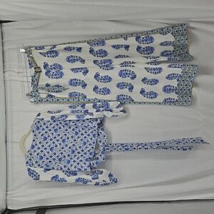 Nicole Lee Pants Set Wide Leg Open Back White Blue Linen Blend Size S/M